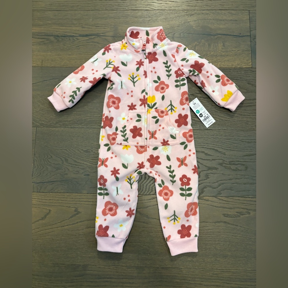 Carters pink floral fleece romper sz 12M new with tags ret $45